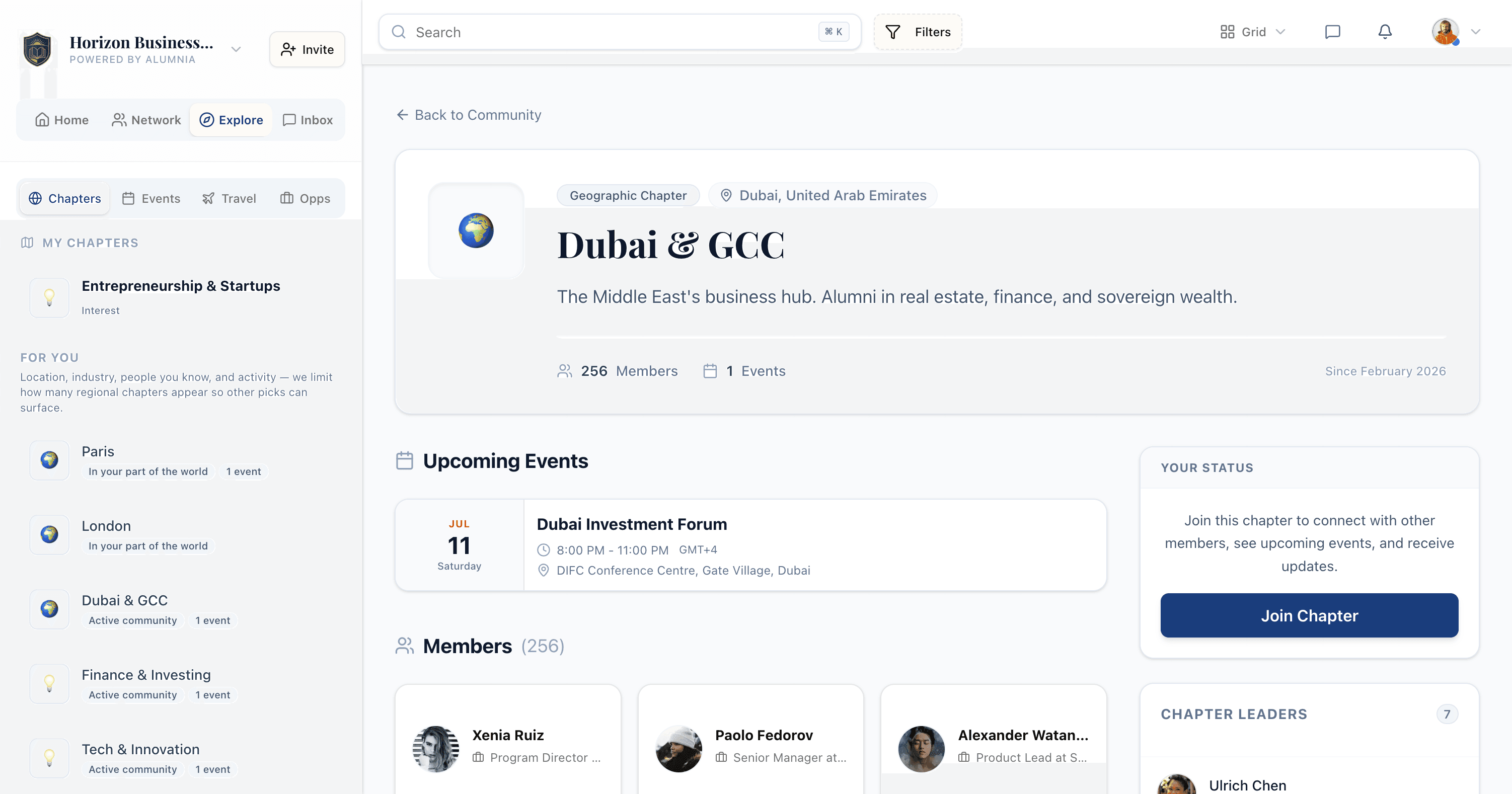 A class-year chapter page with its own members and events