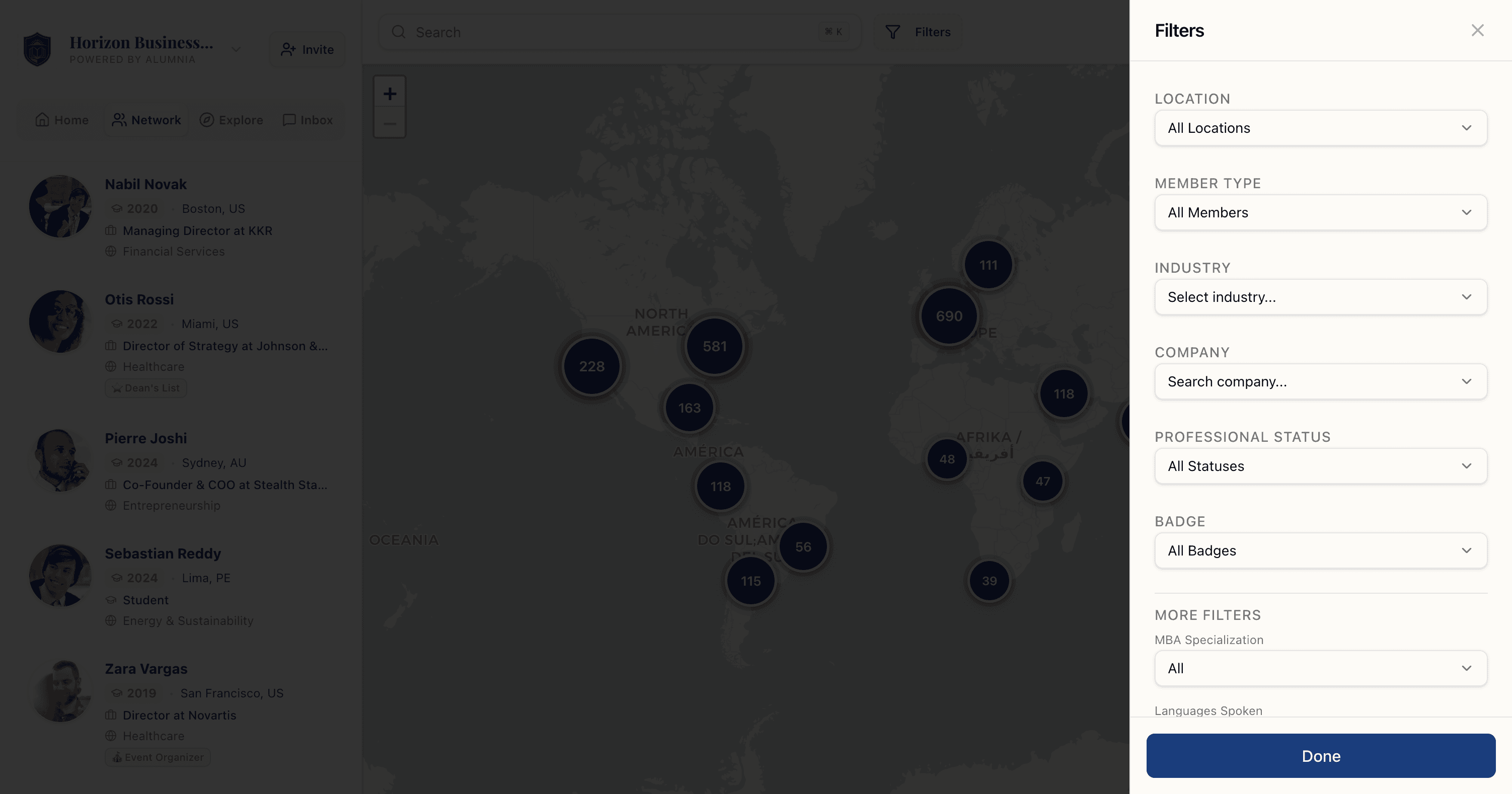 Alumnia alumni directory with class year and industry filters