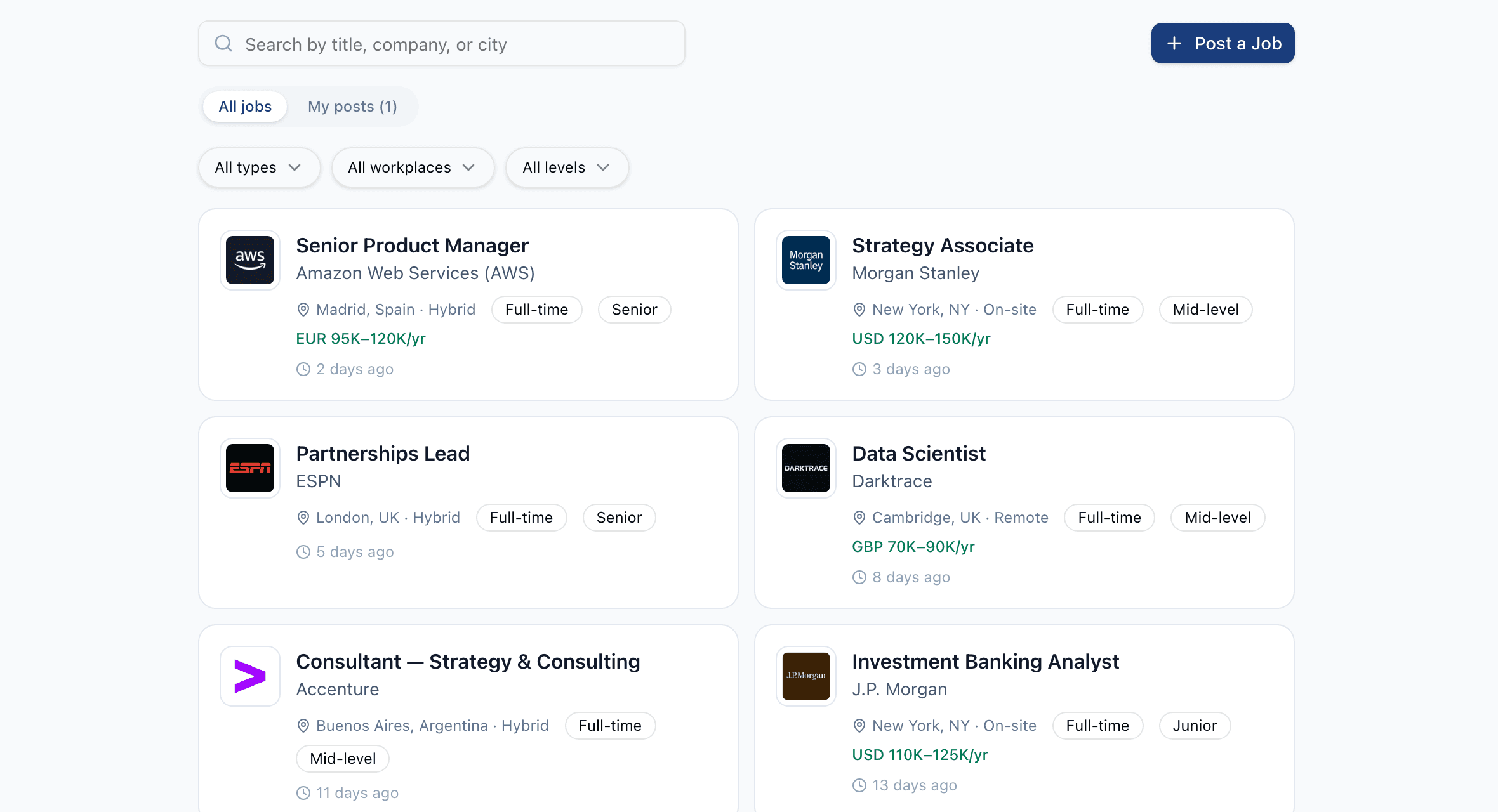 A jobs board where each role shows which alumni work at the company