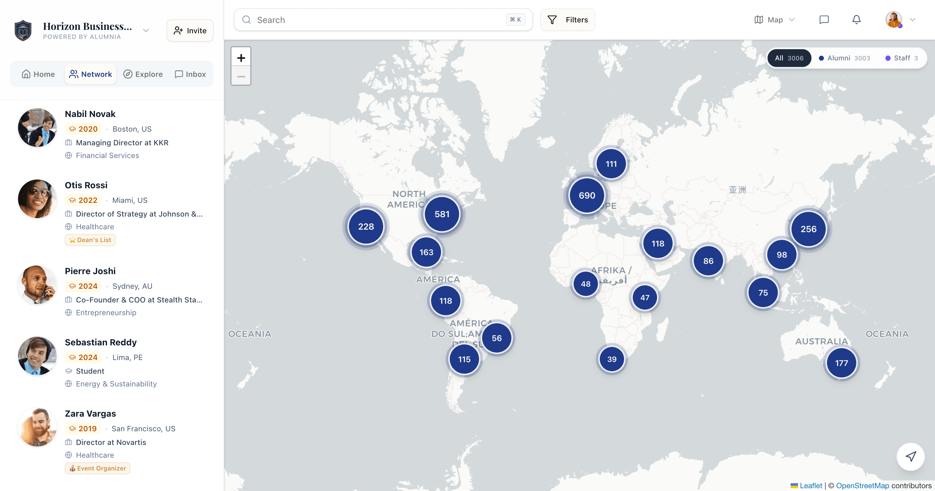 Alumnia interactive map showing verified university graduates plotted by city worldwide