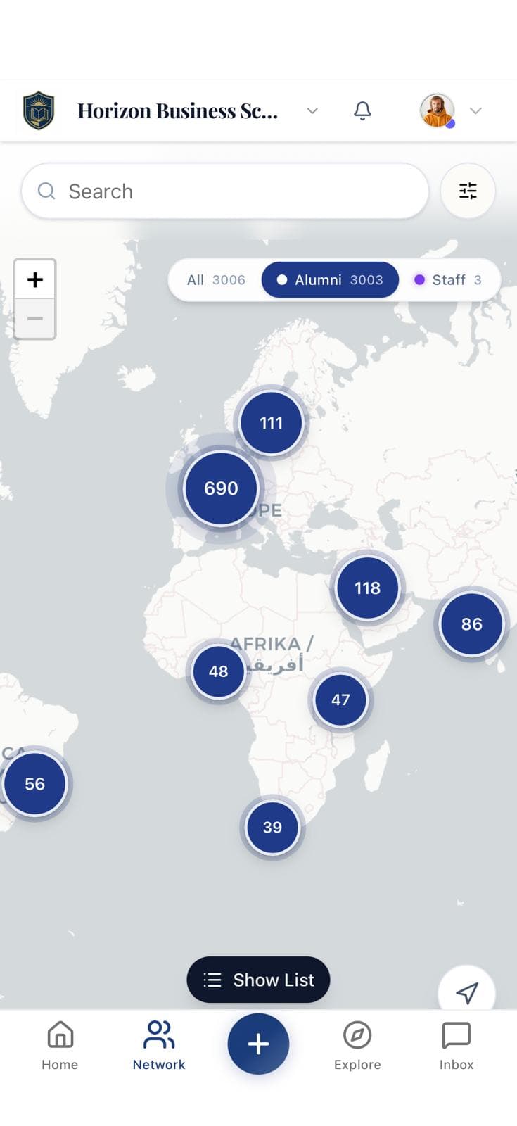 Alumnia native mobile app showing the alumni map