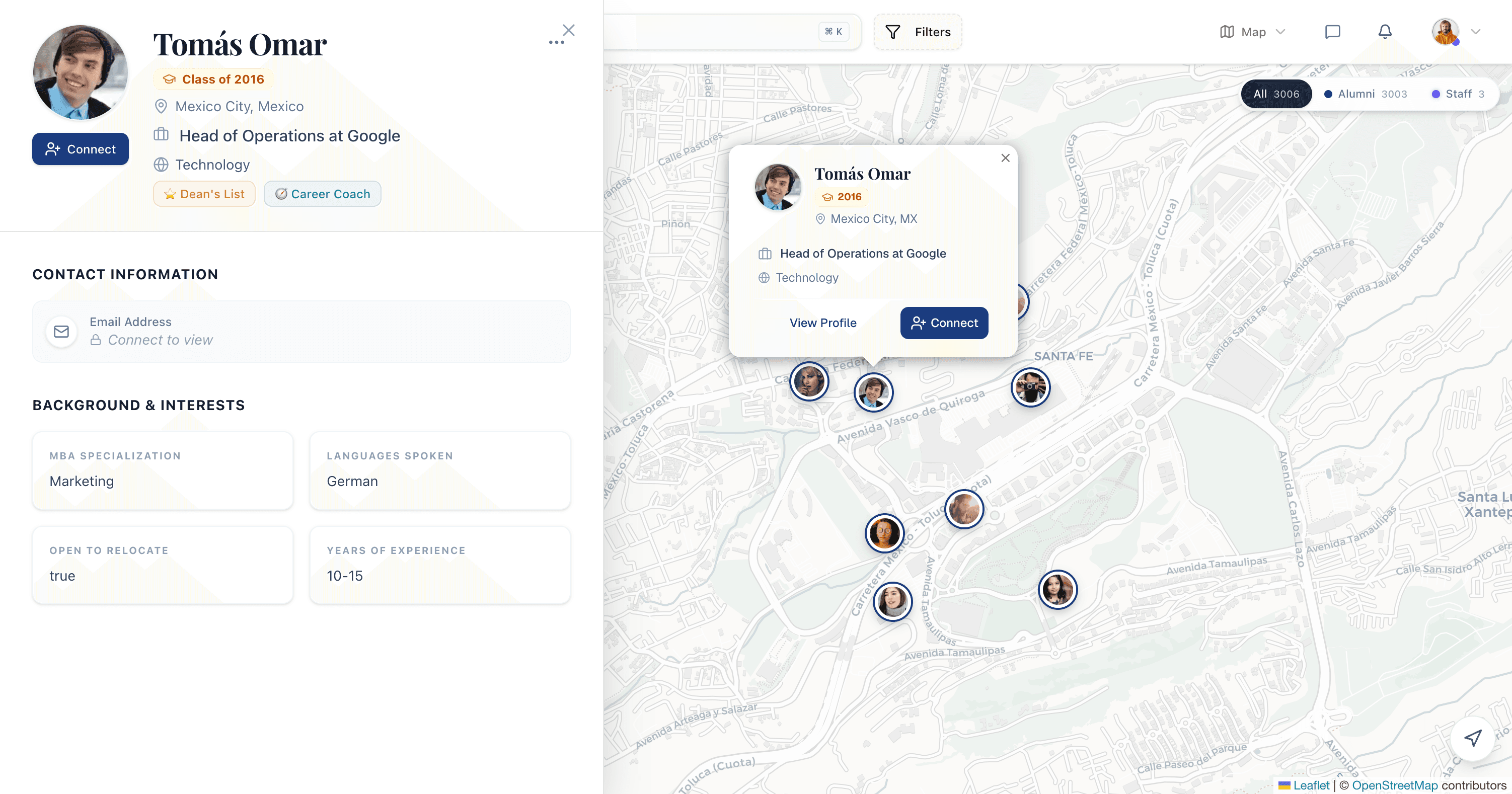 A rich member profile built from LinkedIn with city-level location