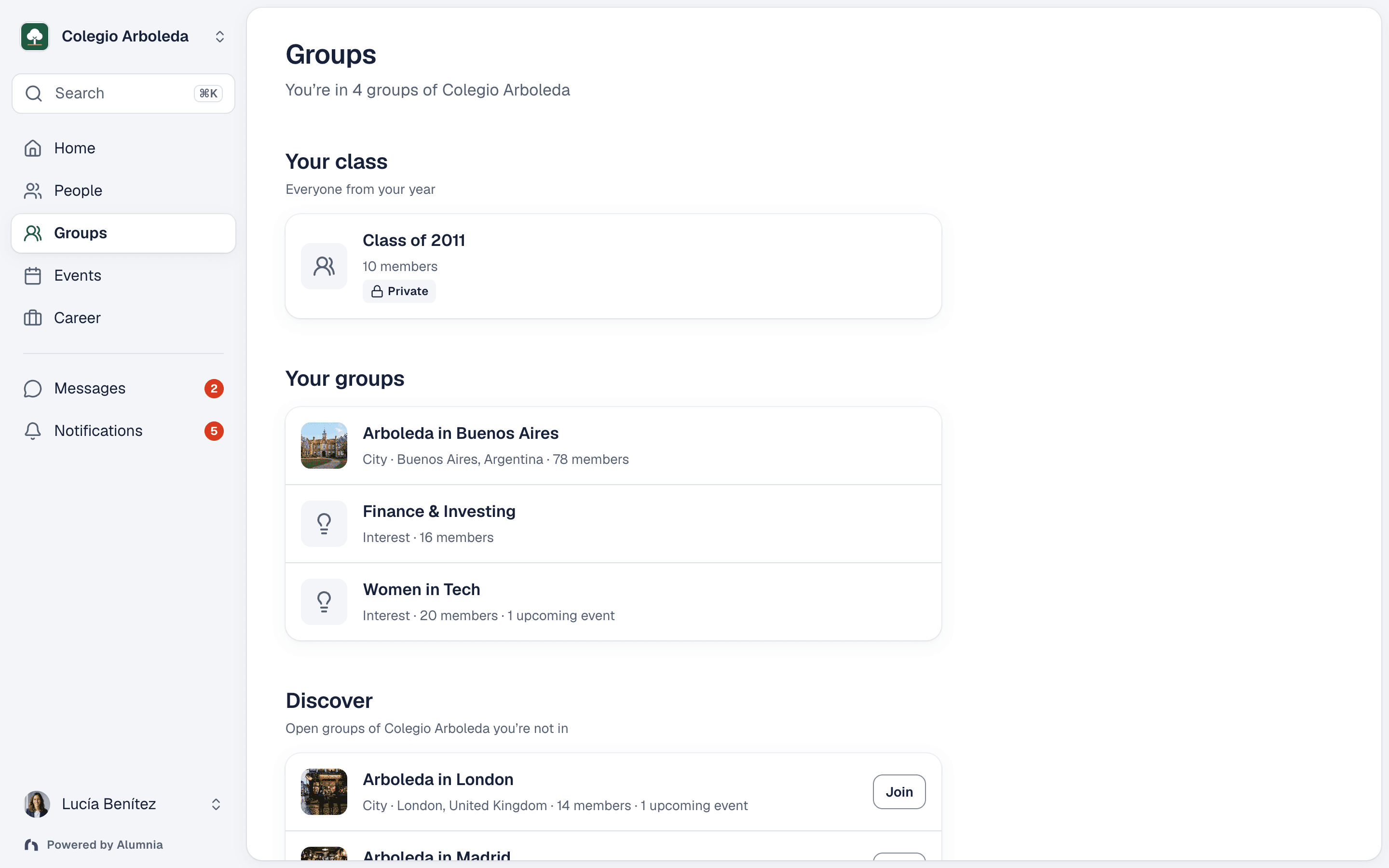 A class-year group page with its own members and events