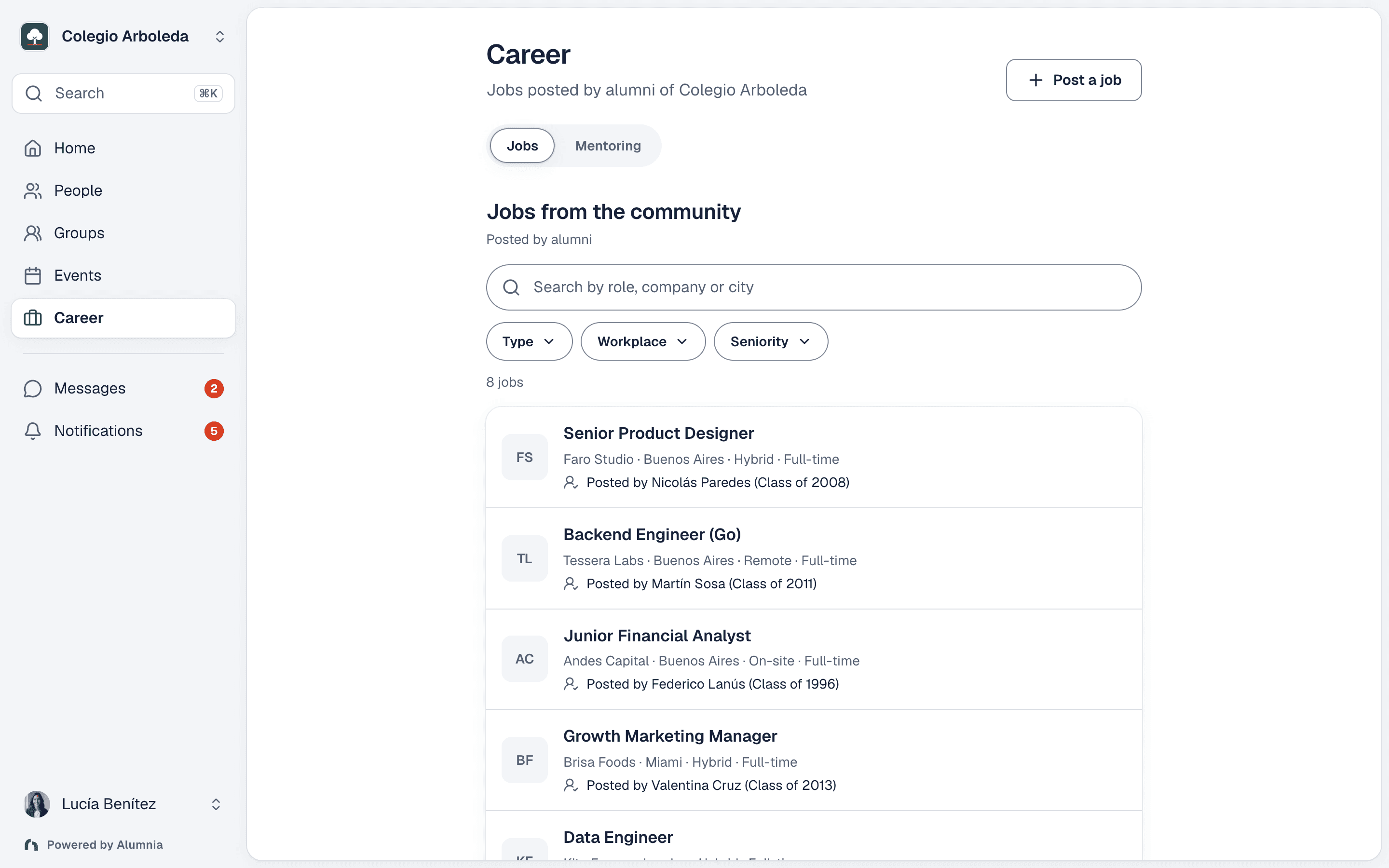 A jobs board where each role shows which alumni work at the company
