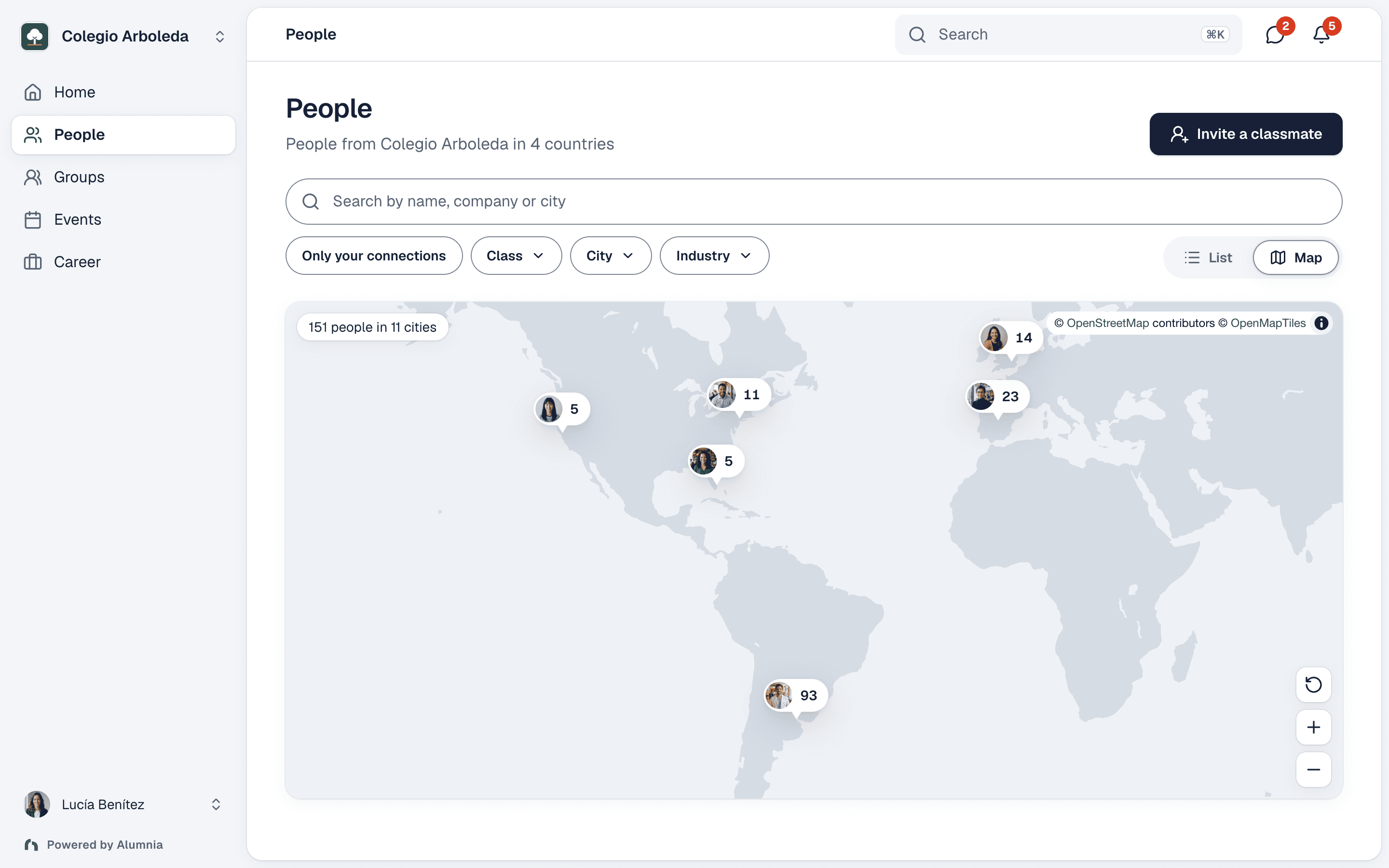 Alumnia map-based alumni directory showing members across the world