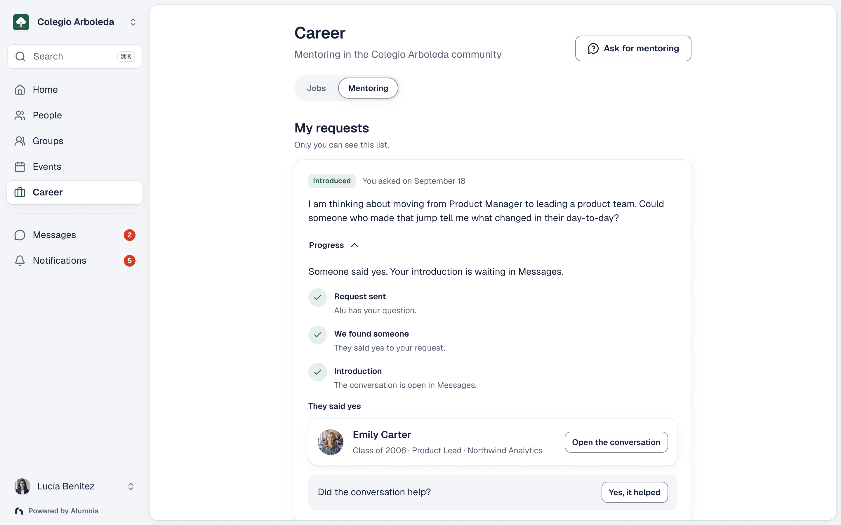 A member asking the network for help and getting matched to alumni