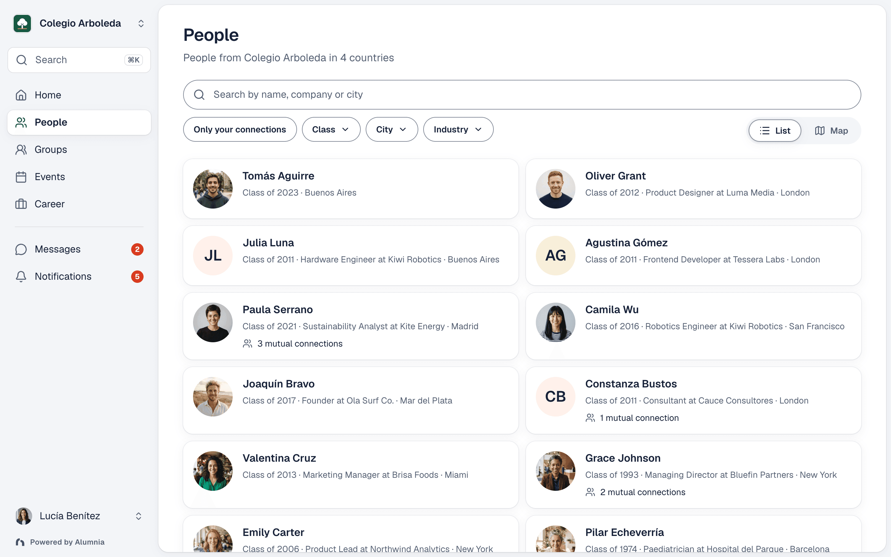 Alumnia alumni directory with class year and industry filters
